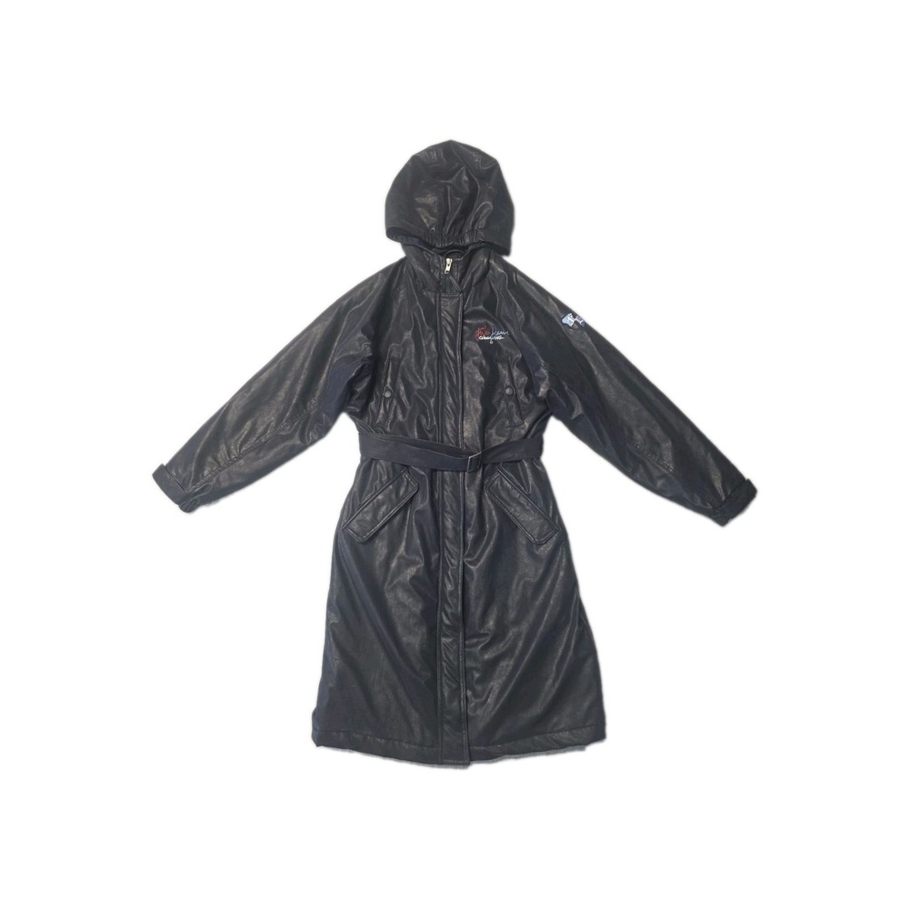 Vintage FUBU Ladies Collection Faux-leather Size L Black Y2K Hooded Trench Coat